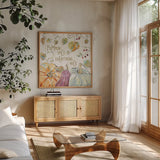 Pumpkin Patch VII by Daphne Brissonnet. Shown in a natural wood frame in a cozy modern living room. Available as an archival giclee rolled canvas, fine art paper, or poster print. SKU 38497a.