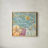 Pumpkin Patch VII Aqua by Daphne Brissonnet. Shown in a natural wood glass frame for a timeless modern aesthetic. Available as an archival giclee rolled canvas, fine art paper, or poster print. SKU 38511a.