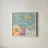 Pumpkin Patch VII Aqua by Daphne Brissonnet. Shown in a crisp white glass frame for a clean and minimalist style. Available as an archival giclee rolled canvas, fine art paper, or poster print. SKU 38511a.