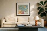 Pumpkin Patch VII Aqua by Daphne Brissonnet. Displayed in a glass frame with matte in a clean modern living room. Available as an archival giclee rolled canvas, fine art paper, or poster print. SKU 38511a.