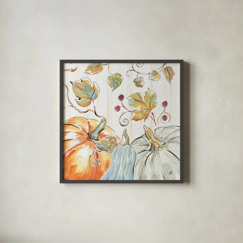 Pumpkin Patch X by Daphne Brissonnet. Shown in a sleek black glass frame for a contemporary gallery look. Available as an archival giclee rolled canvas, fine art paper, or poster print. SKU 38500a.