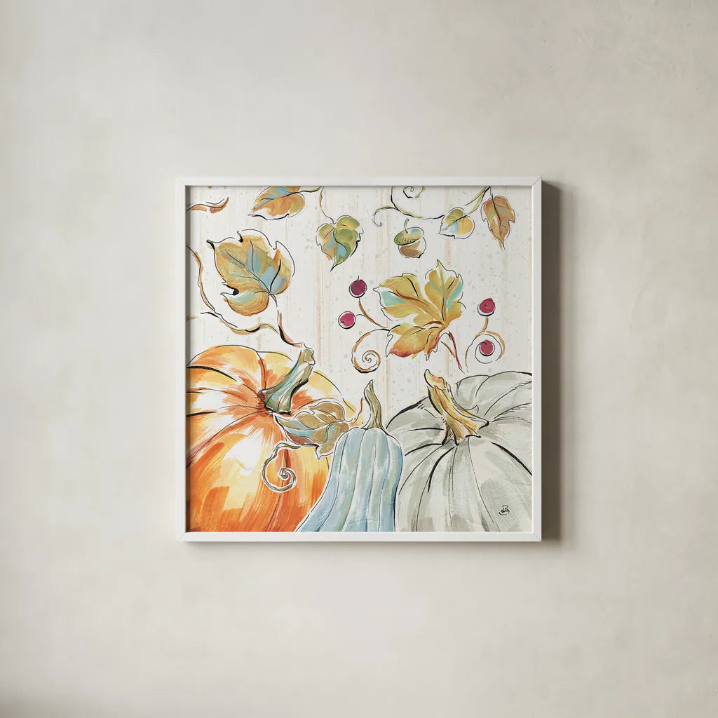 Pumpkin Patch X by Daphne Brissonnet. Shown in a crisp white glass frame for a clean and minimalist style. Available as an archival giclee rolled canvas, fine art paper, or poster print. SKU 38500a.