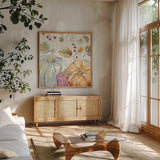 Pumpkin Patch XI by Daphne Brissonnet. Shown in a natural wood frame in a cozy modern living room. Available as an archival giclee rolled canvas, fine art paper, or poster print. SKU 38501a.