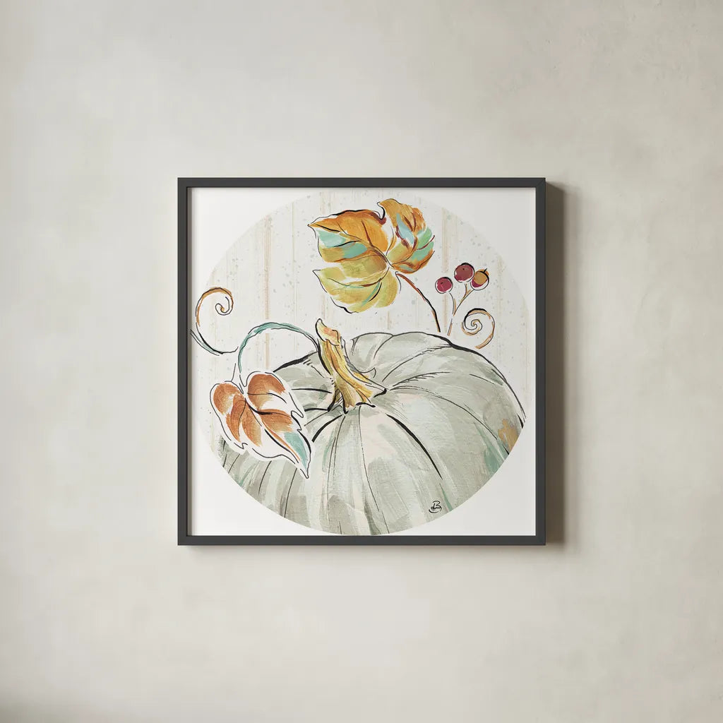 Pumpkin Patch XII by Daphne Brissonnet. Shown in a sleek black glass frame for a contemporary gallery look. Available as an archival giclee rolled canvas, fine art paper, or poster print. SKU 38502a.