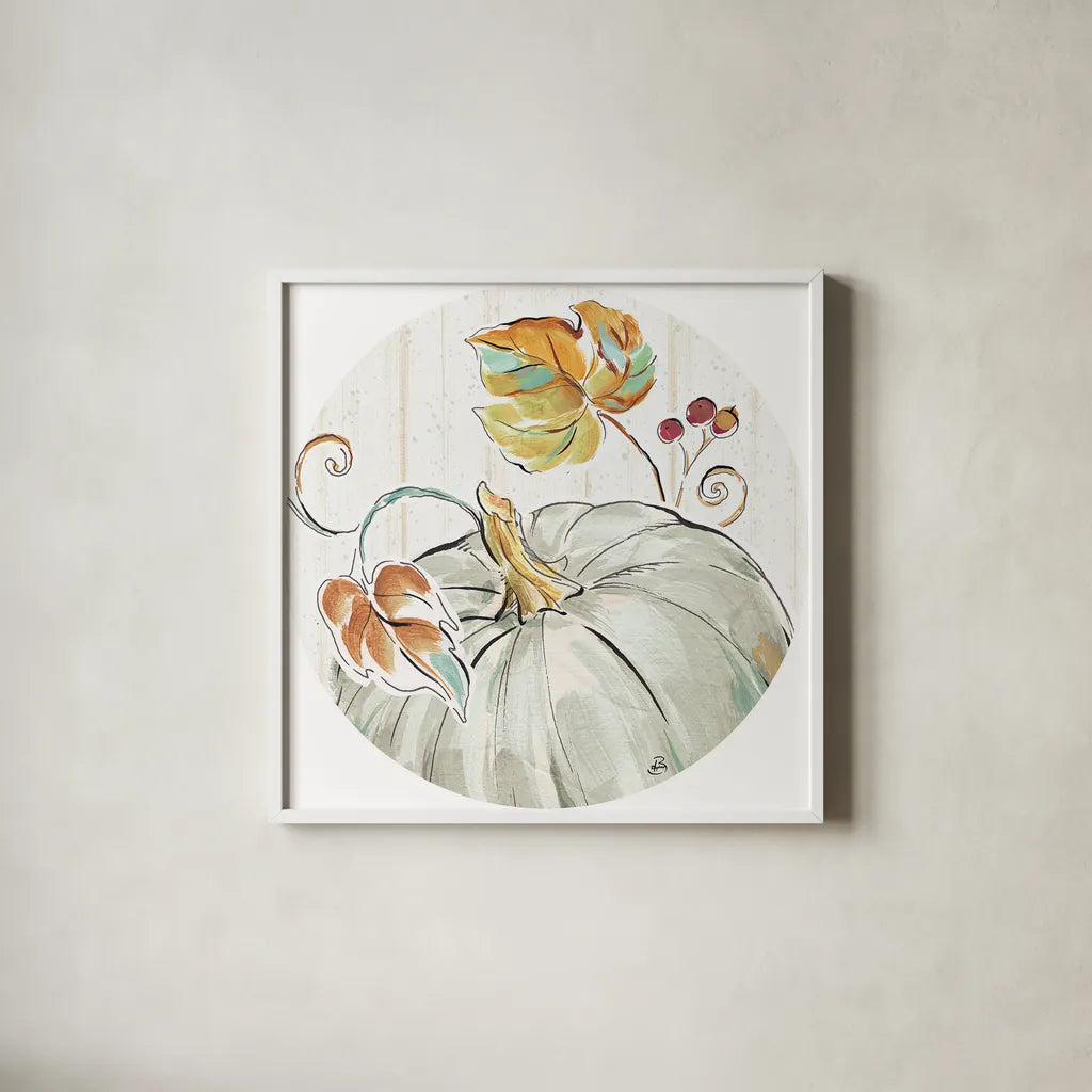 Pumpkin Patch XII by Daphne Brissonnet. Shown in a crisp white glass frame for a clean and minimalist style. Available as an archival giclee rolled canvas, fine art paper, or poster print. SKU 38502a.