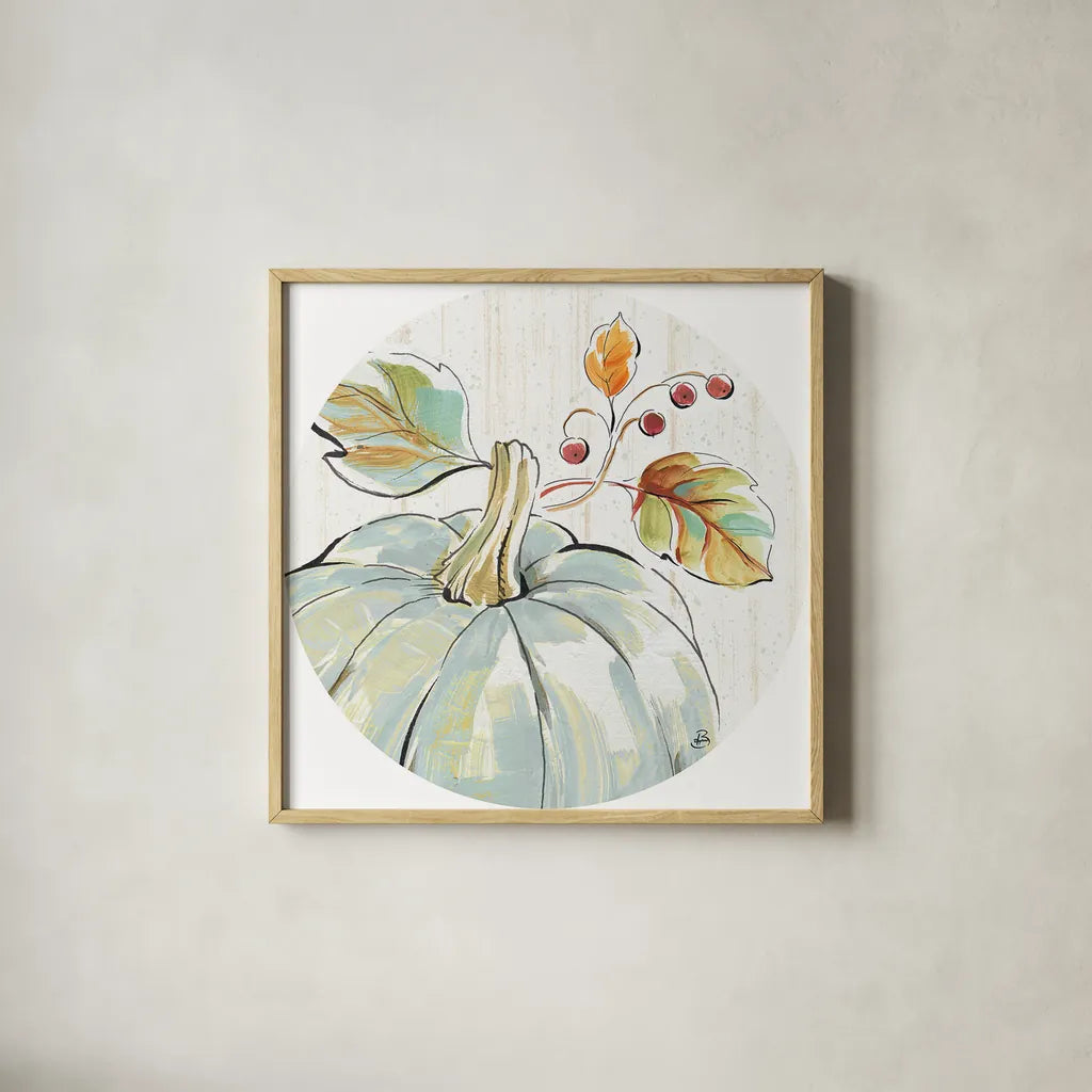 Pumpkin Patch XIII by Daphne Brissonnet. Shown in a natural wood glass frame for a timeless modern aesthetic. Available as an archival giclee rolled canvas, fine art paper, or poster print. SKU 38503a.