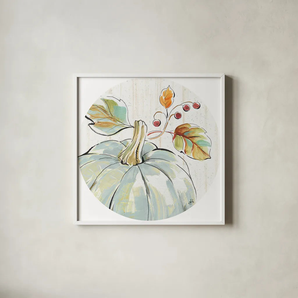 Pumpkin Patch XIII by Daphne Brissonnet. Shown in a crisp white glass frame for a clean and minimalist style. Available as an archival giclee rolled canvas, fine art paper, or poster print. SKU 38503a.