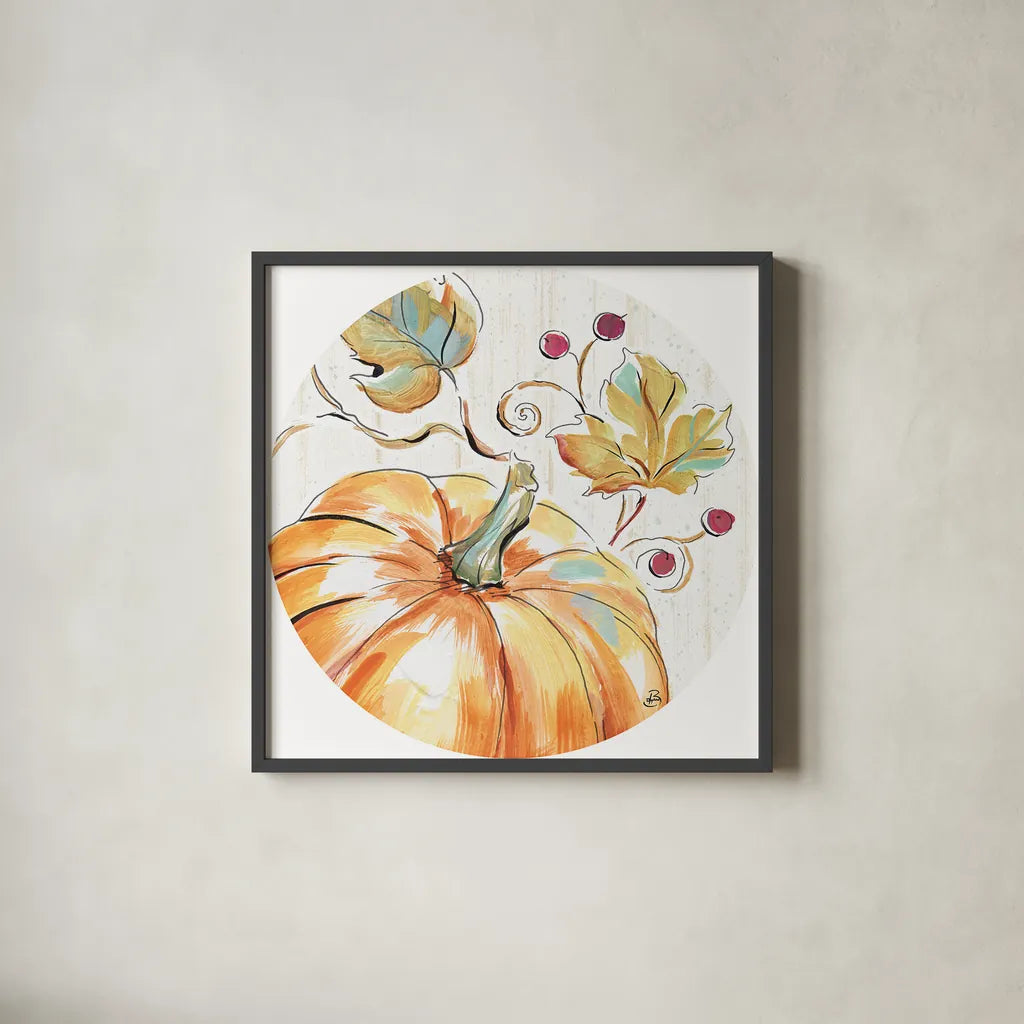 Pumpkin Patch XIV by Daphne Brissonnet. Shown in a sleek black glass frame for a contemporary gallery look. Available as an archival giclee rolled canvas, fine art paper, or poster print. SKU 38504a.