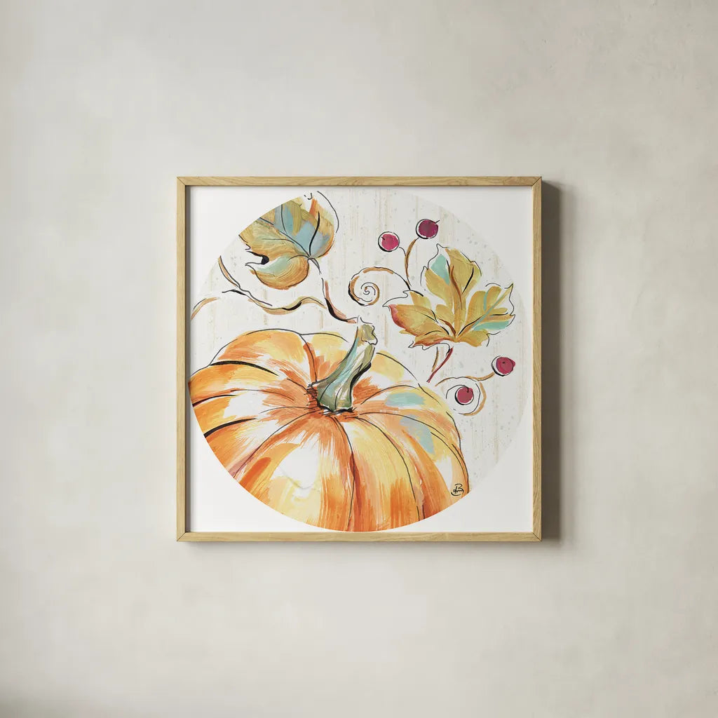 Pumpkin Patch XIV by Daphne Brissonnet. Shown in a natural wood glass frame for a timeless modern aesthetic. Available as an archival giclee rolled canvas, fine art paper, or poster print. SKU 38504a.