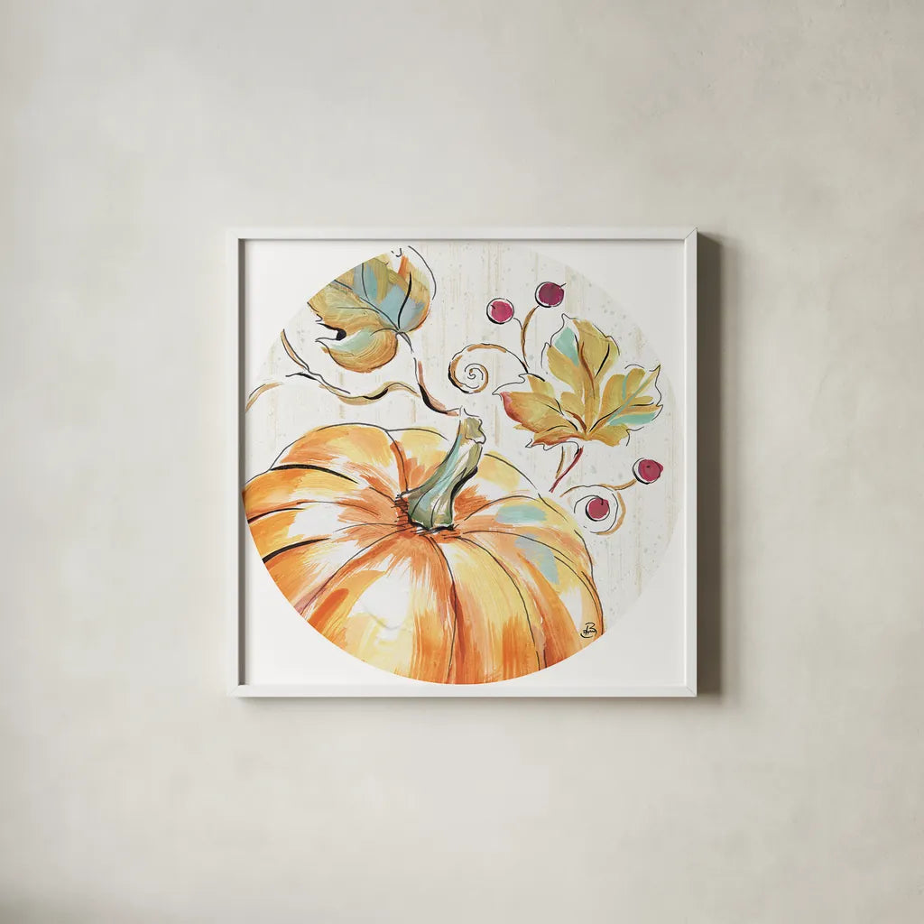 Pumpkin Patch XIV by Daphne Brissonnet. Shown in a crisp white glass frame for a clean and minimalist style. Available as an archival giclee rolled canvas, fine art paper, or poster print. SKU 38504a.