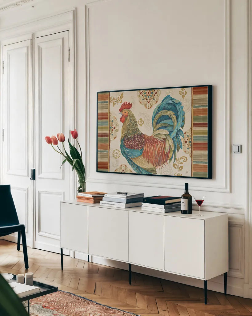 Rooster Rainbow IIA by Daphne Brissonnet. shown as a framed stretched canvas in a living room above a console. Available as a archival giclee rolled canvas, fine art paper, or poster print. SKU 24872i.