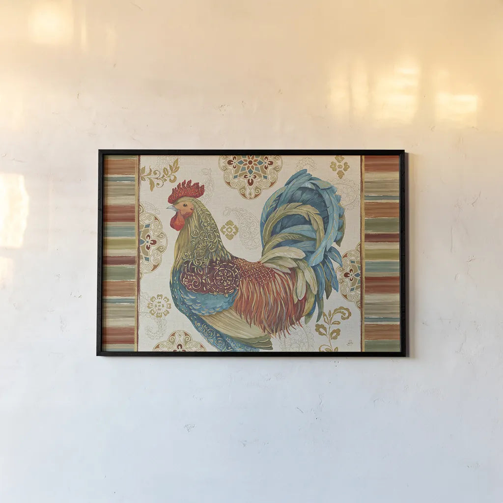 Rooster Rainbow IIA by Daphne Brissonnet. shown as a paper print in a black flame. Available as a archival giclee rolled canvas, fine art paper, or poster print. SKU 24872i.