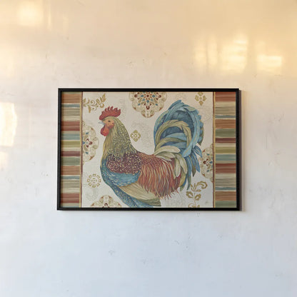 Rooster Rainbow IIA by Daphne Brissonnet. shown as a paper print in a black flame. Available as a archival giclee rolled canvas, fine art paper, or poster print. SKU 24872i.