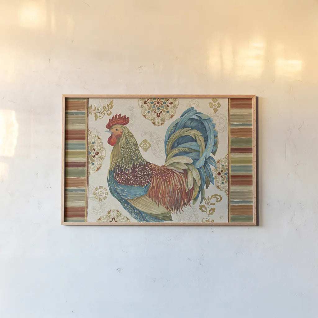 Rooster Rainbow IIA by Daphne Brissonnet. shown as a paper print in a natural frame. Available as a archival giclee rolled canvas, fine art paper, or poster print. SKU 24872i.