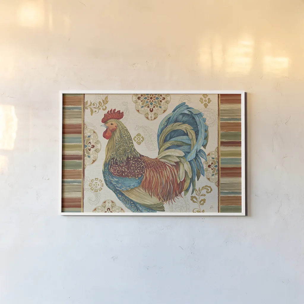 Rooster Rainbow IIA by Daphne Brissonnet. shown as a paper print in a white frame. Available as a archival giclee rolled canvas, fine art paper, or poster print. SKU 24872i.