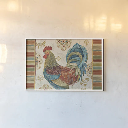 Rooster Rainbow IIA by Daphne Brissonnet. shown as a paper print in a white frame. Available as a archival giclee rolled canvas, fine art paper, or poster print. SKU 24872i.