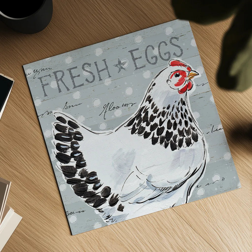 Roosters Call II by Daphne Brissonnet. Shown as a detailed flat fine art print, highlighting archival giclee quality. Available as an archival giclee rolled canvas, fine art paper, or poster print. SKU 37488a.