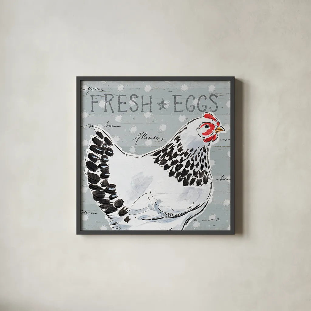 Roosters Call II by Daphne Brissonnet. Shown in a sleek black glass frame for a contemporary gallery look. Available as an archival giclee rolled canvas, fine art paper, or poster print. SKU 37488a.