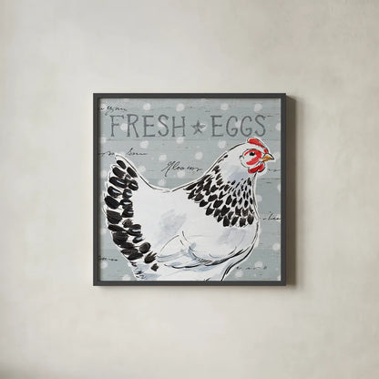 Roosters Call II by Daphne Brissonnet. Shown in a sleek black glass frame for a contemporary gallery look. Available as an archival giclee rolled canvas, fine art paper, or poster print. SKU 37488a.