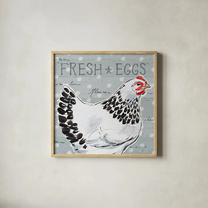 Roosters Call II by Daphne Brissonnet. Shown in a natural wood glass frame for a timeless modern aesthetic. Available as an archival giclee rolled canvas, fine art paper, or poster print. SKU 37488a.