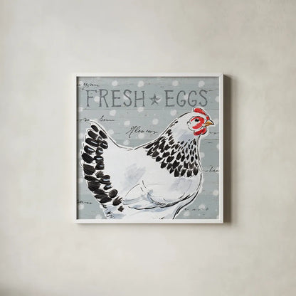 Roosters Call II by Daphne Brissonnet. Shown in a crisp white glass frame for a clean and minimalist style. Available as an archival giclee rolled canvas, fine art paper, or poster print. SKU 37488a.