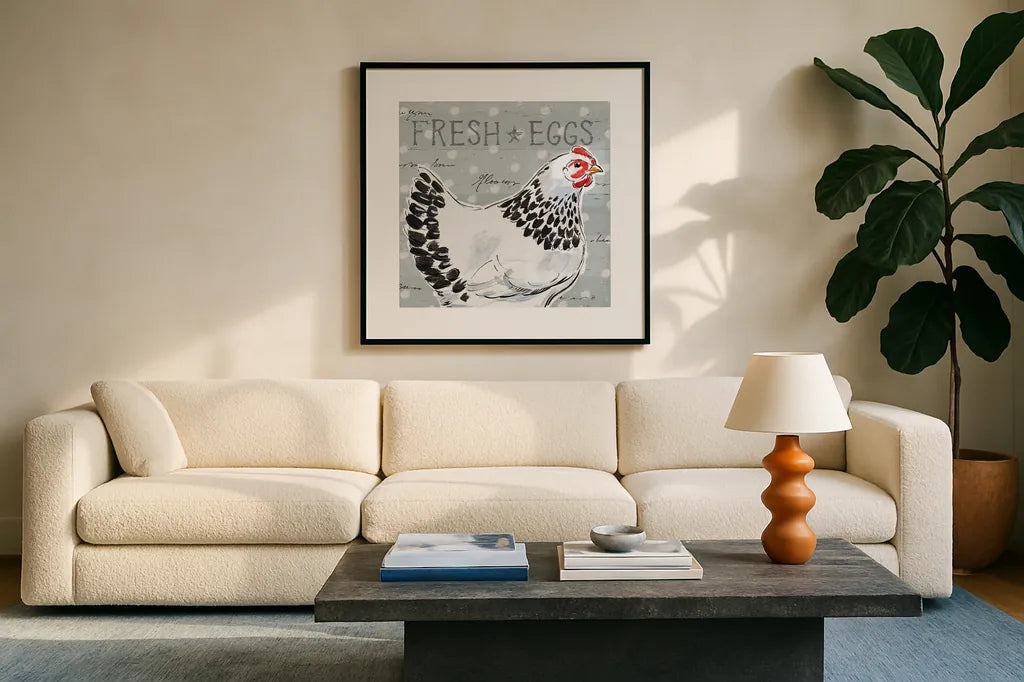 Roosters Call II by Daphne Brissonnet. Displayed in a glass frame with matte in a clean modern living room. Available as an archival giclee rolled canvas, fine art paper, or poster print. SKU 37488a.