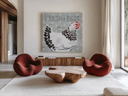 Roosters Call II by Daphne Brissonnet. Shown as extra-large giant wall art in a modern living room. Available as an archival giclee rolled canvas, fine art paper, or poster print. SKU 37488a.