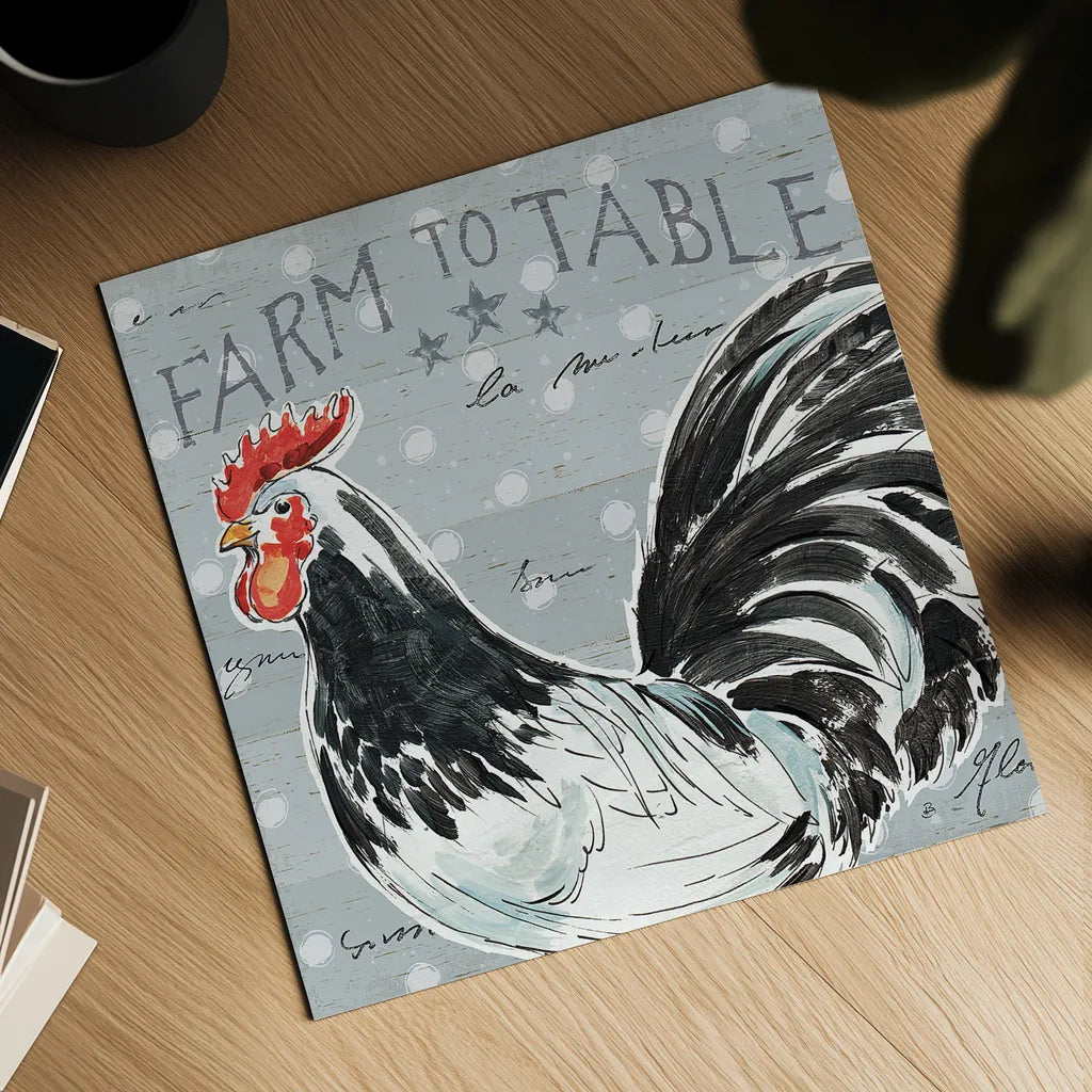 Roosters Call III by Daphne Brissonnet. Shown as a detailed flat fine art print, highlighting archival giclee quality. Available as an archival giclee rolled canvas, fine art paper, or poster print. SKU 37489a.