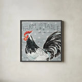 Roosters Call III by Daphne Brissonnet. Shown in a sleek black glass frame for a contemporary gallery look. Available as an archival giclee rolled canvas, fine art paper, or poster print. SKU 37489a.
