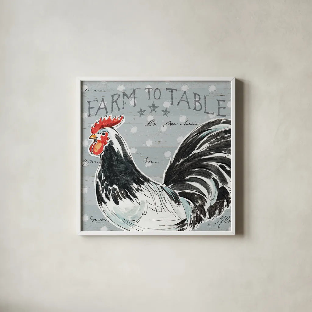 Roosters Call III by Daphne Brissonnet. Shown in a crisp white glass frame for a clean and minimalist style. Available as an archival giclee rolled canvas, fine art paper, or poster print. SKU 37489a.