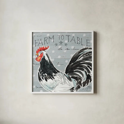 Roosters Call III by Daphne Brissonnet. Shown in a crisp white glass frame for a clean and minimalist style. Available as an archival giclee rolled canvas, fine art paper, or poster print. SKU 37489a.