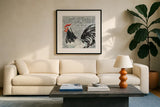 Roosters Call III by Daphne Brissonnet. Displayed in a glass frame with matte in a clean modern living room. Available as an archival giclee rolled canvas, fine art paper, or poster print. SKU 37489a.