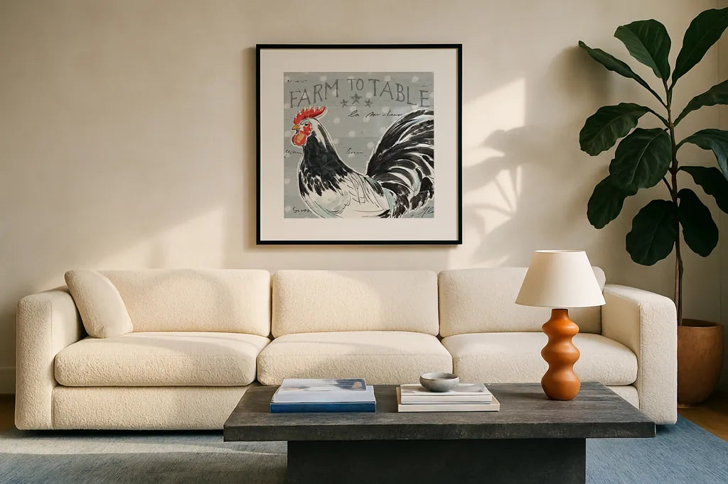 Roosters Call III by Daphne Brissonnet. Displayed in a glass frame with matte in a clean modern living room. Available as an archival giclee rolled canvas, fine art paper, or poster print. SKU 37489a.