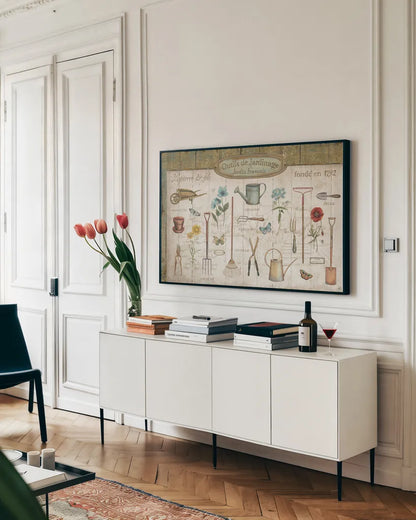 Royal Garden I by Daphne Brissonnet. shown as a framed stretched canvas in a living room above a console. Available as a archival giclee rolled canvas, fine art paper, or poster print. SKU 47243i.