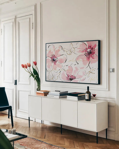 Simply Pink I by Daphne Brissonnet. shown as a framed stretched canvas in a living room above a console. Available as a archival giclee rolled canvas, fine art paper, or poster print. SKU 41785i.