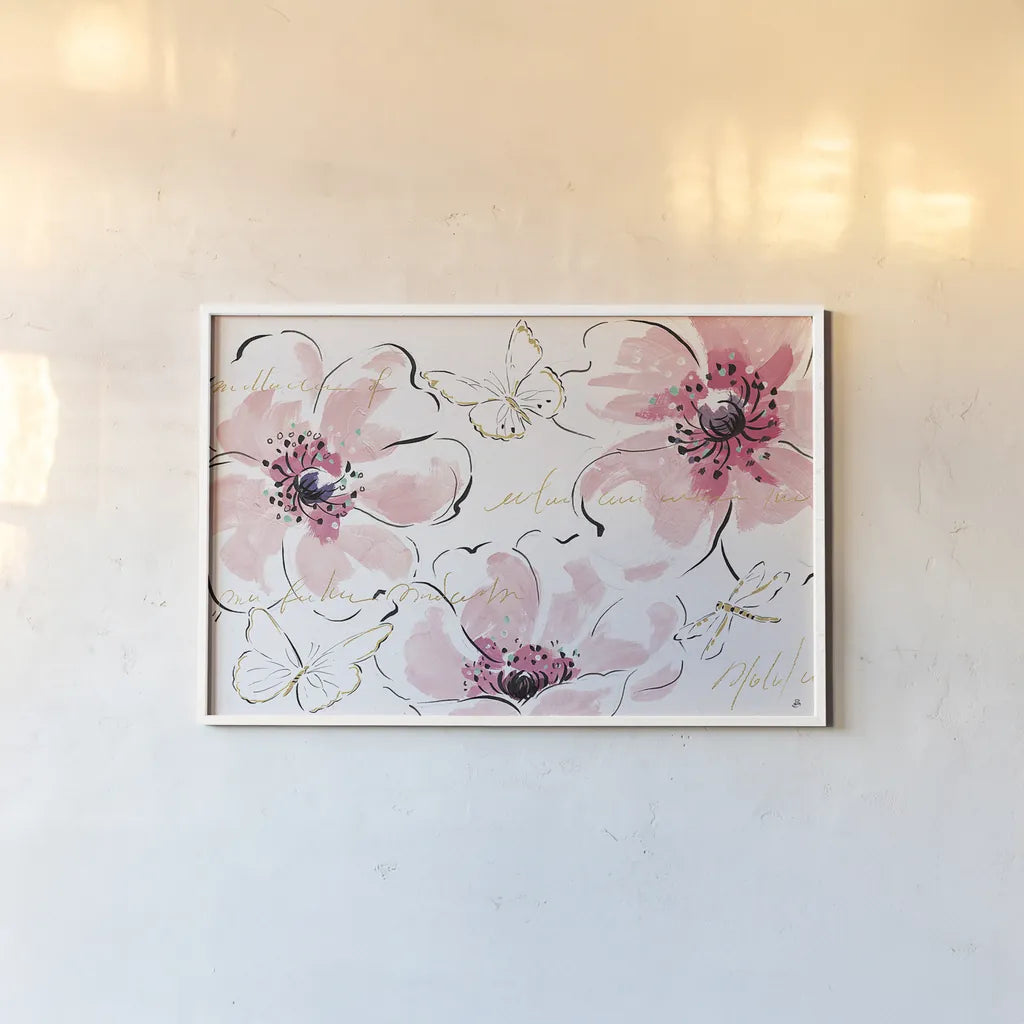 Simply Pink I by Daphne Brissonnet. shown as a paper print in a white frame. Available as a archival giclee rolled canvas, fine art paper, or poster print. SKU 41785i.