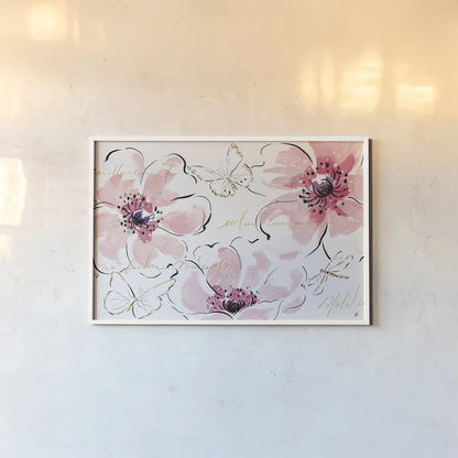 Simply Pink I by Daphne Brissonnet. shown as a paper print in a white frame. Available as a archival giclee rolled canvas, fine art paper, or poster print. SKU 41785i.