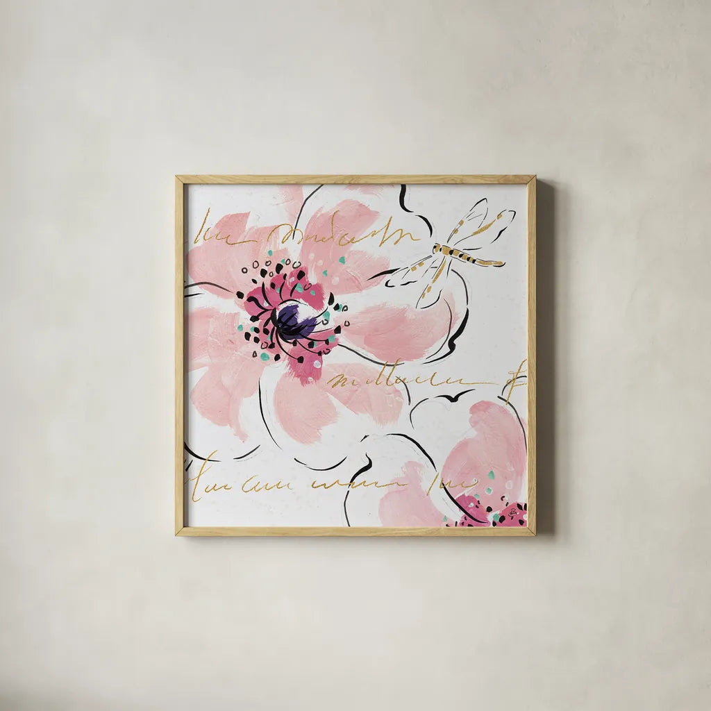 Simply Pink II by Daphne Brissonnet. Shown in a natural wood glass frame for a timeless modern aesthetic. Available as an archival giclee rolled canvas, fine art paper, or poster print. SKU 41786a.