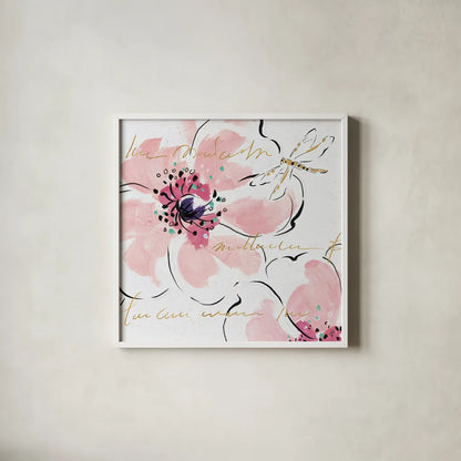 Simply Pink II by Daphne Brissonnet. Shown in a crisp white glass frame for a clean and minimalist style. Available as an archival giclee rolled canvas, fine art paper, or poster print. SKU 41786a.