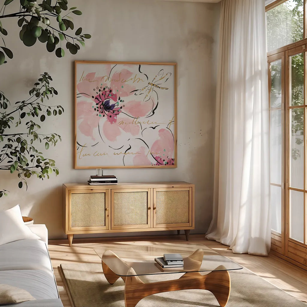 Simply Pink II by Daphne Brissonnet. Shown in a natural wood frame in a cozy modern living room. Available as an archival giclee rolled canvas, fine art paper, or poster print. SKU 41786a.