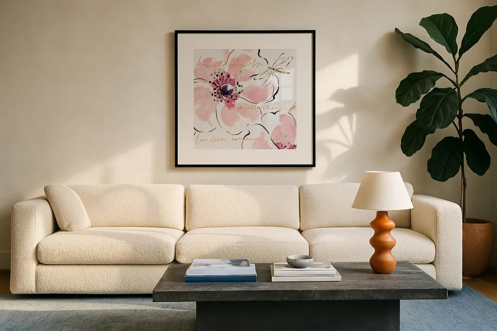 Simply Pink II by Daphne Brissonnet. Displayed in a glass frame with matte in a clean modern living room. Available as an archival giclee rolled canvas, fine art paper, or poster print. SKU 41786a.