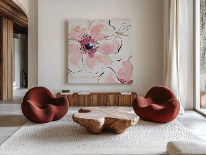 Simply Pink II by Daphne Brissonnet. Shown as extra-large giant wall art in a modern living room. Available as an archival giclee rolled canvas, fine art paper, or poster print. SKU 41786a.