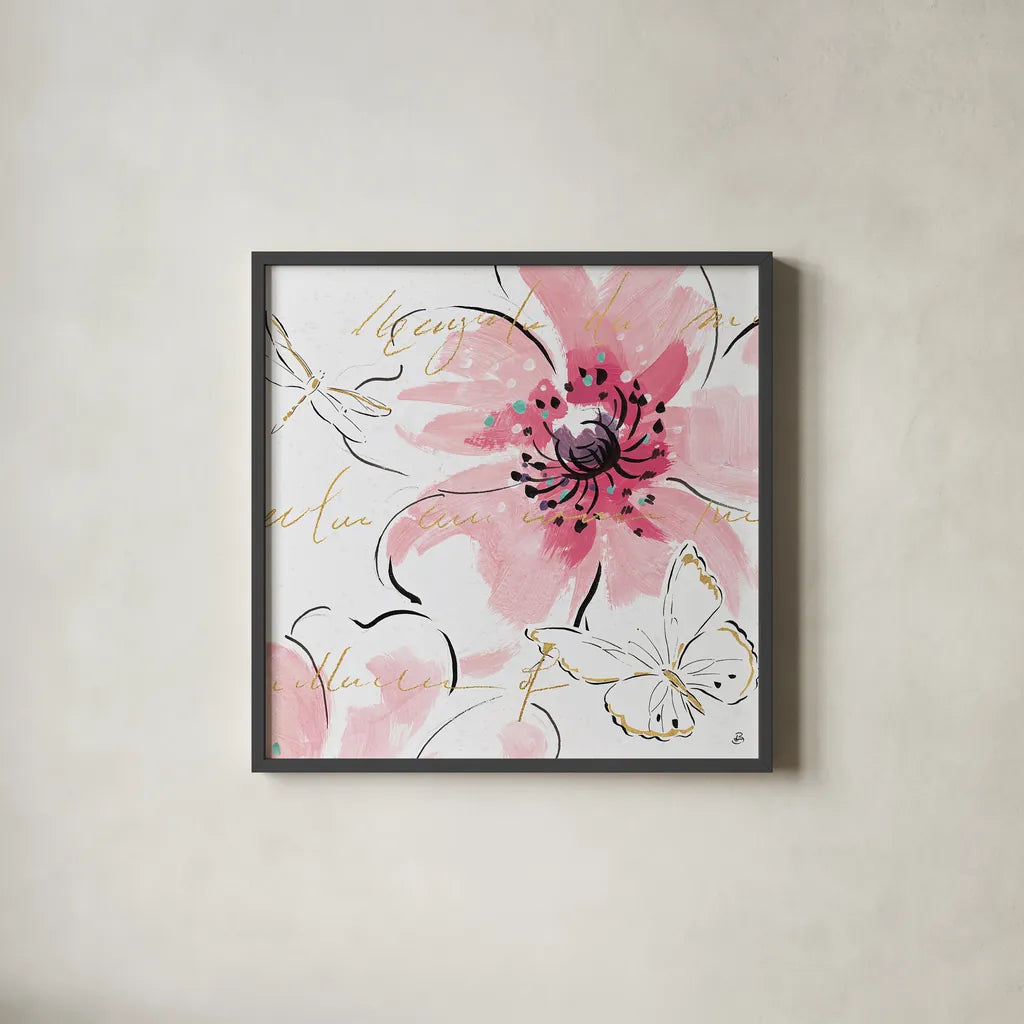 Simply Pink III by Daphne Brissonnet. Shown in a sleek black glass frame for a contemporary gallery look. Available as an archival giclee rolled canvas, fine art paper, or poster print. SKU 41787a.