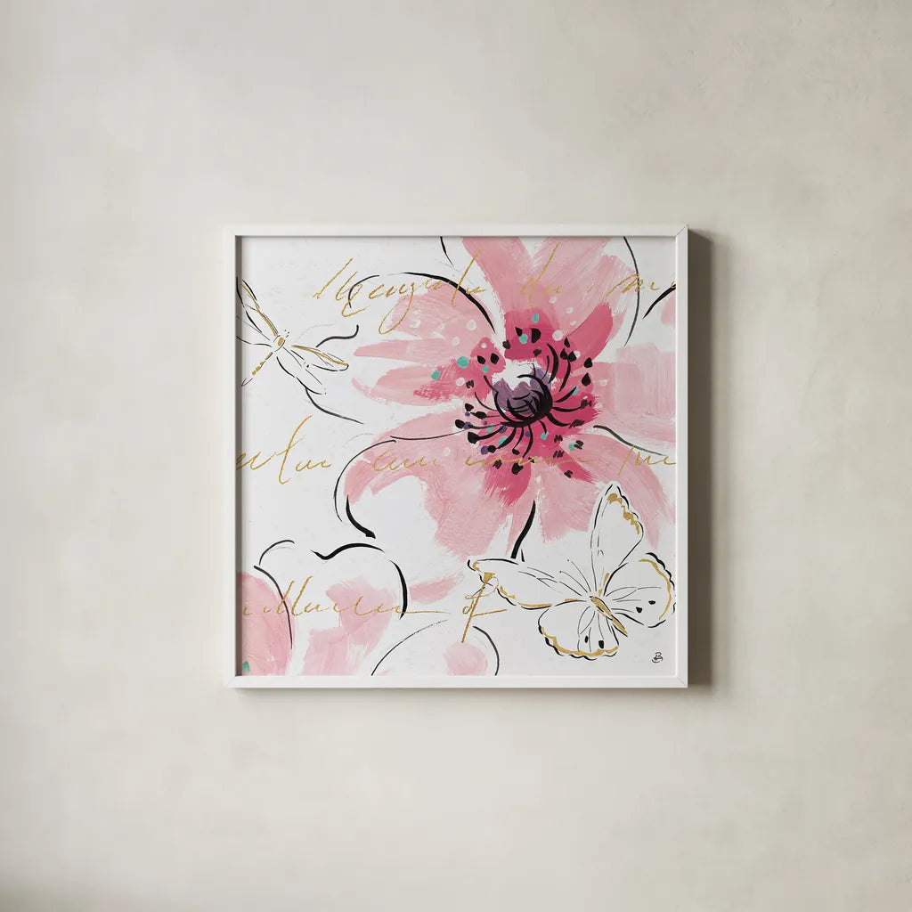 Simply Pink III by Daphne Brissonnet. Shown in a crisp white glass frame for a clean and minimalist style. Available as an archival giclee rolled canvas, fine art paper, or poster print. SKU 41787a.