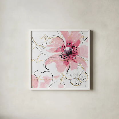 Simply Pink III by Daphne Brissonnet. Shown in a crisp white glass frame for a clean and minimalist style. Available as an archival giclee rolled canvas, fine art paper, or poster print. SKU 41787a.