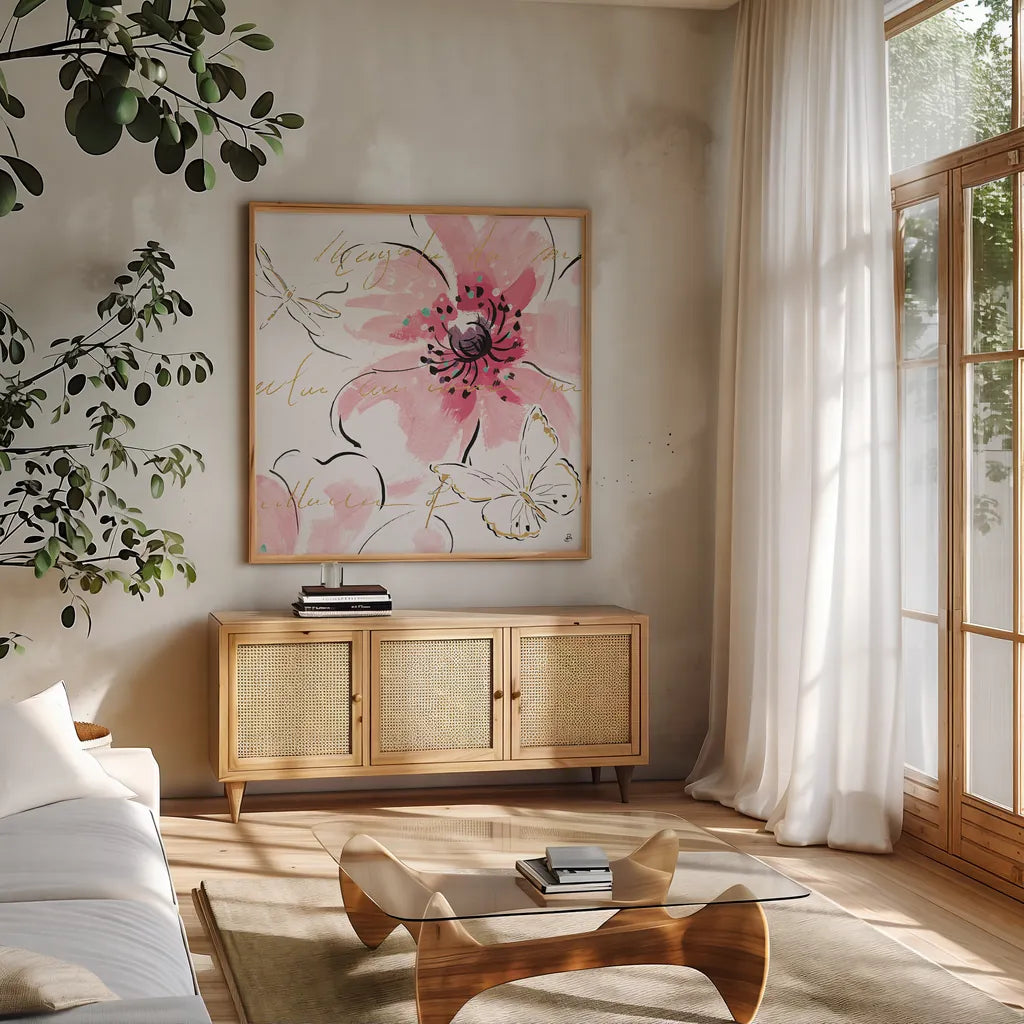 Simply Pink III by Daphne Brissonnet. Shown in a natural wood frame in a cozy modern living room. Available as an archival giclee rolled canvas, fine art paper, or poster print. SKU 41787a.