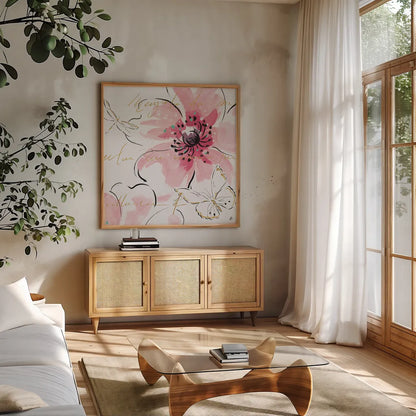 Simply Pink III by Daphne Brissonnet. Shown in a natural wood frame in a cozy modern living room. Available as an archival giclee rolled canvas, fine art paper, or poster print. SKU 41787a.
