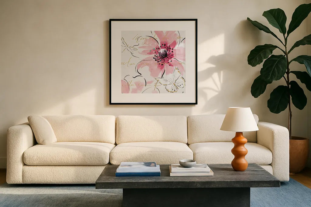 Simply Pink III by Daphne Brissonnet. Displayed in a glass frame with matte in a clean modern living room. Available as an archival giclee rolled canvas, fine art paper, or poster print. SKU 41787a.