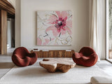 Simply Pink III by Daphne Brissonnet. Shown as extra-large giant wall art in a modern living room. Available as an archival giclee rolled canvas, fine art paper, or poster print. SKU 41787a.