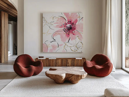Simply Pink III by Daphne Brissonnet. Shown as extra-large giant wall art in a modern living room. Available as an archival giclee rolled canvas, fine art paper, or poster print. SKU 41787a.